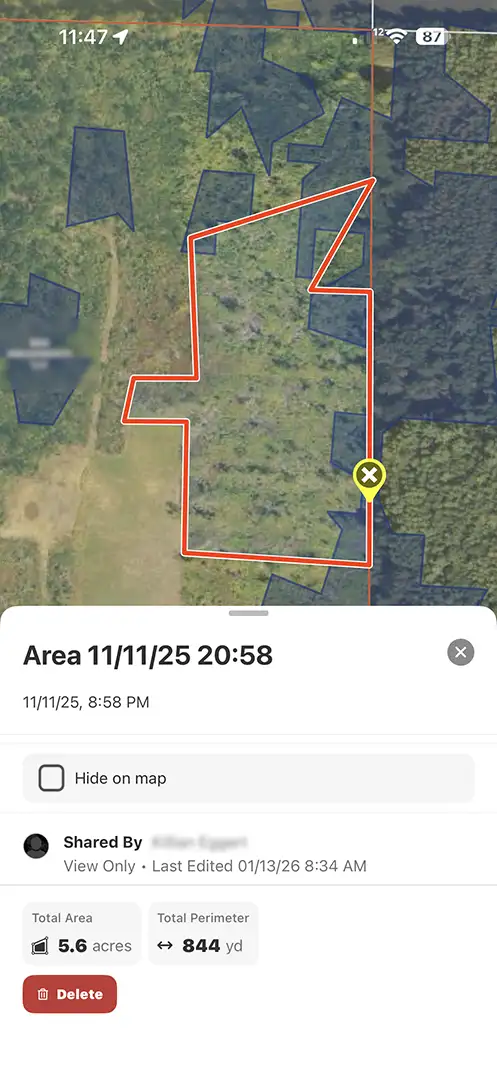 OnX Hunt app showing area measurement